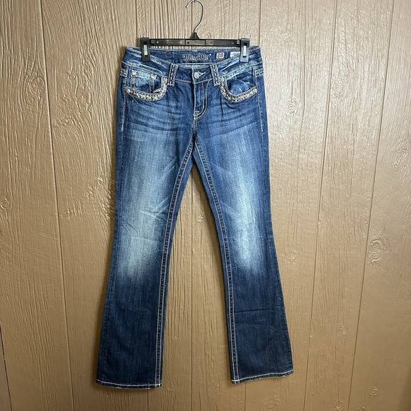 Miss Me Denim - Miss Me Jeans Womens Sz 28 Bootcut Embellished Low Rise Logo Blue Dark Wash